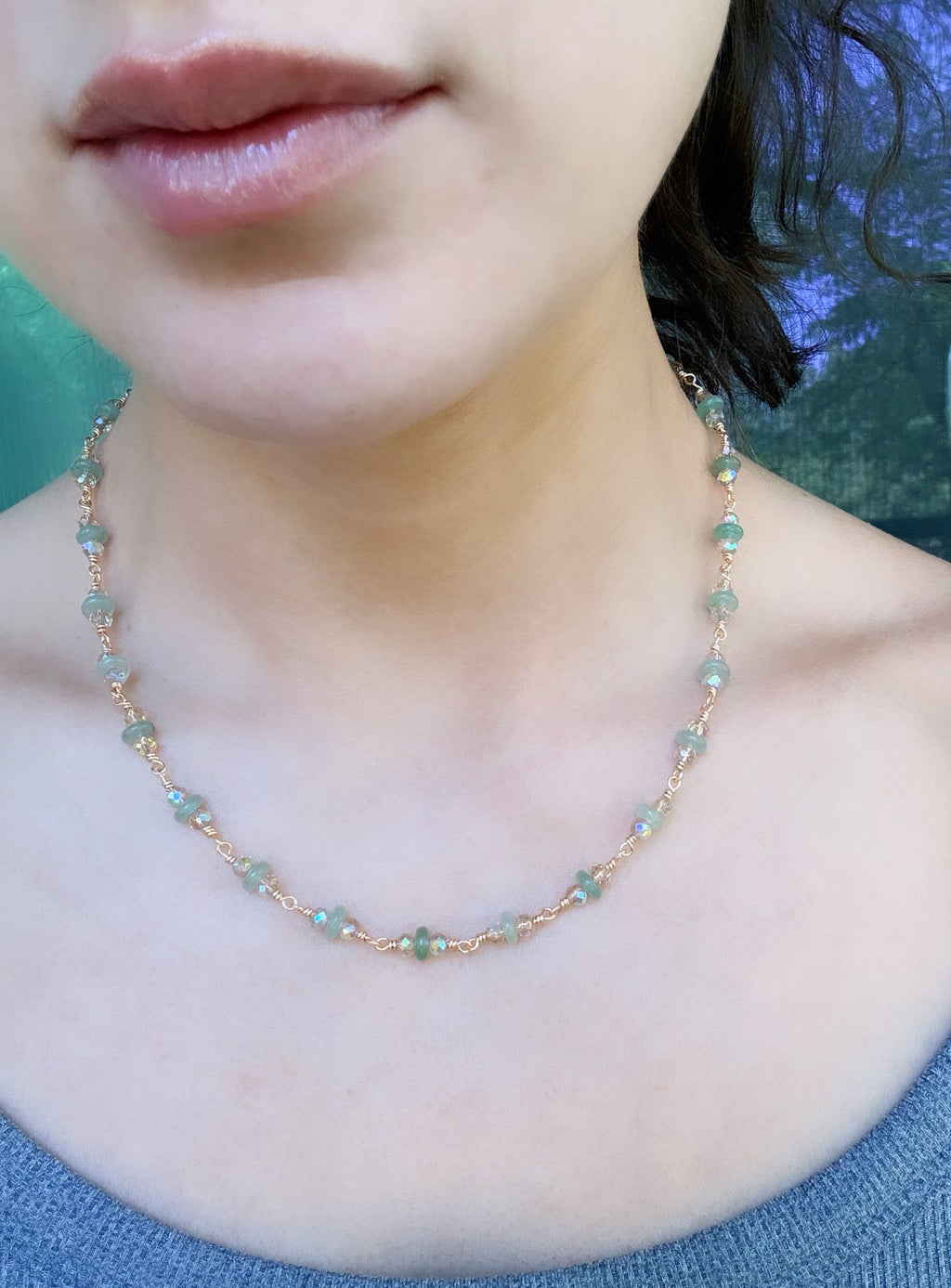 Green Aventurine & Crystal Necklace - Wire wrapped by hand, finished in gold