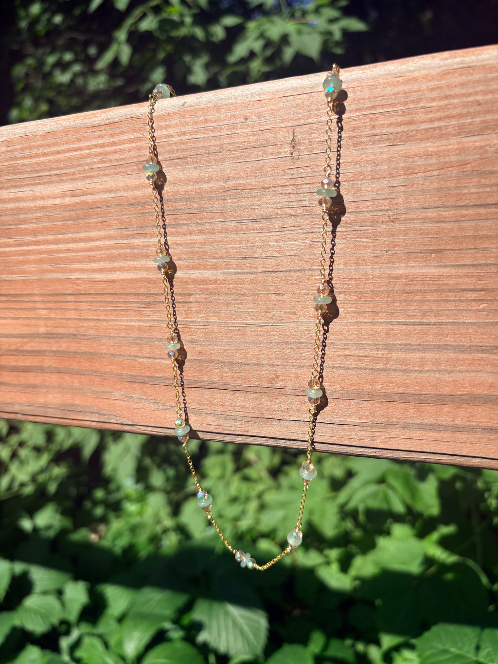 Green Aventurine & Crystal ~ Beautiful cable chain with hand wire-wrapped bead clusters