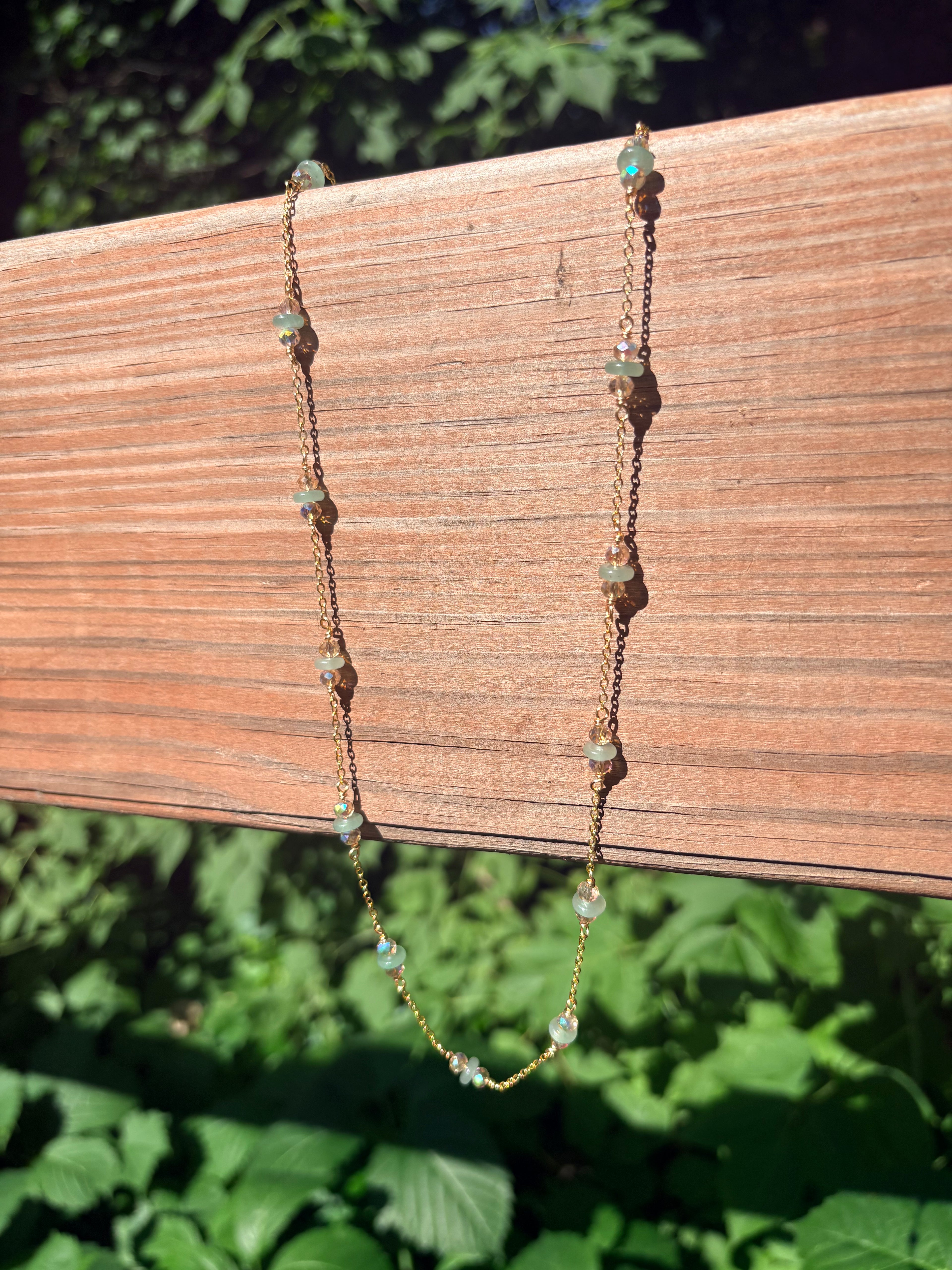 Green Aventurine & Crystal ~ Beautiful cable chain with hand wire-wrapped bead clusters