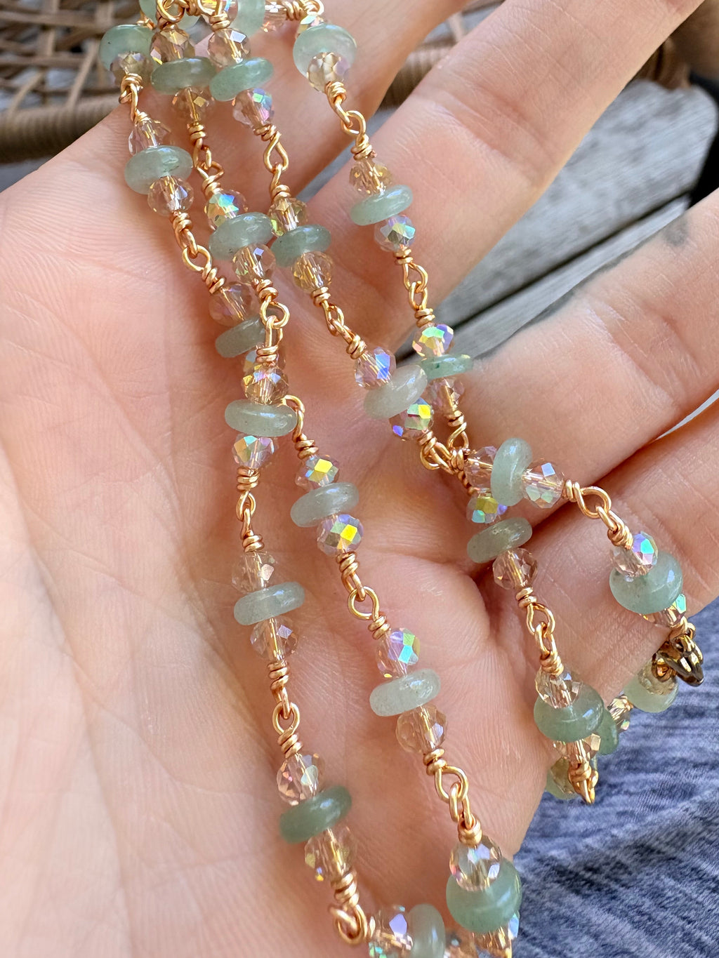 Green Aventurine & Crystal Necklace - Wire wrapped by hand, finished in gold