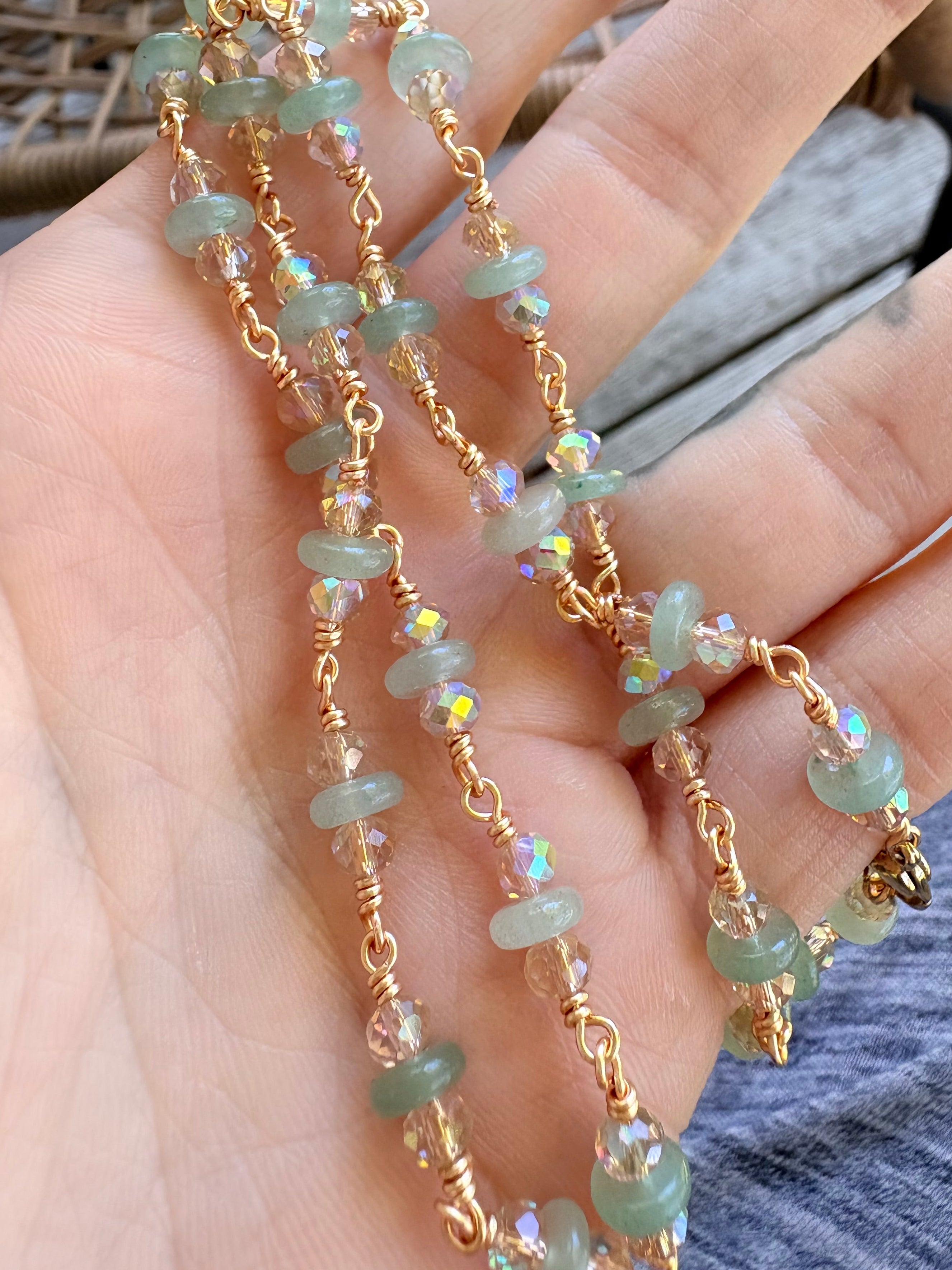 Green Aventurine & Crystal Necklace - Wire wrapped by hand, finished in gold