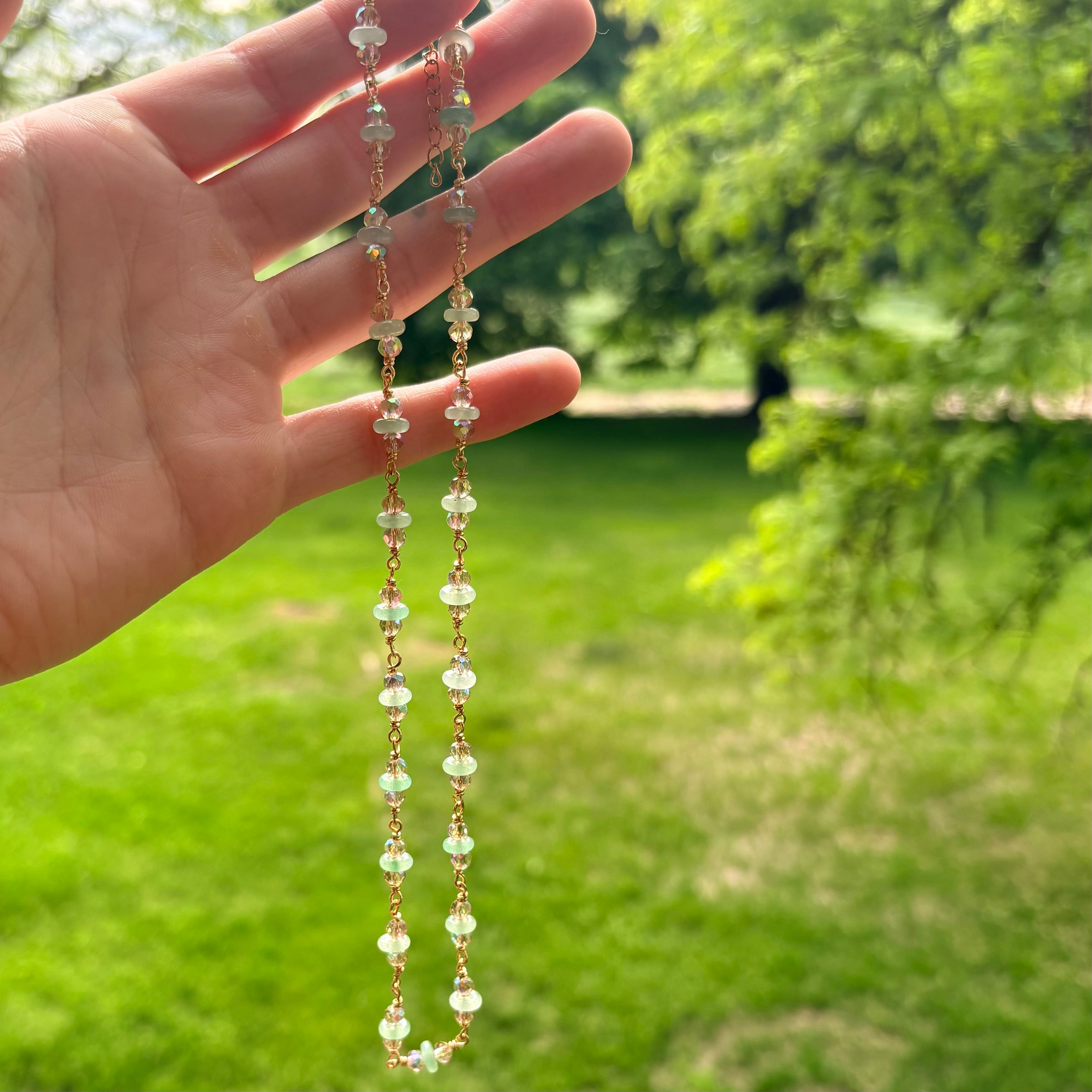 Green Aventurine & Crystal Necklace - Wire wrapped by hand, finished in gold