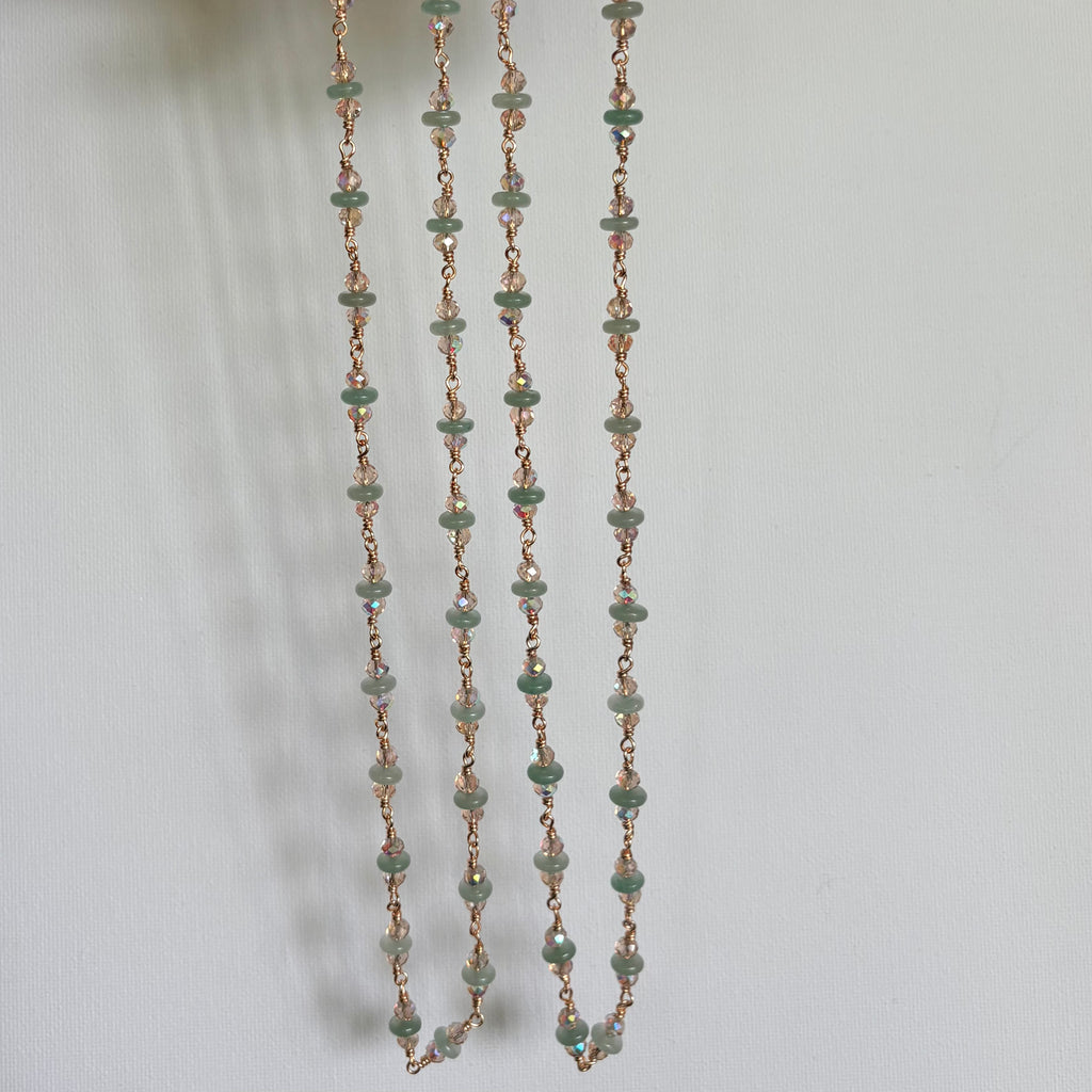 Green Aventurine & Crystal Necklace - Wire wrapped by hand, finished in gold