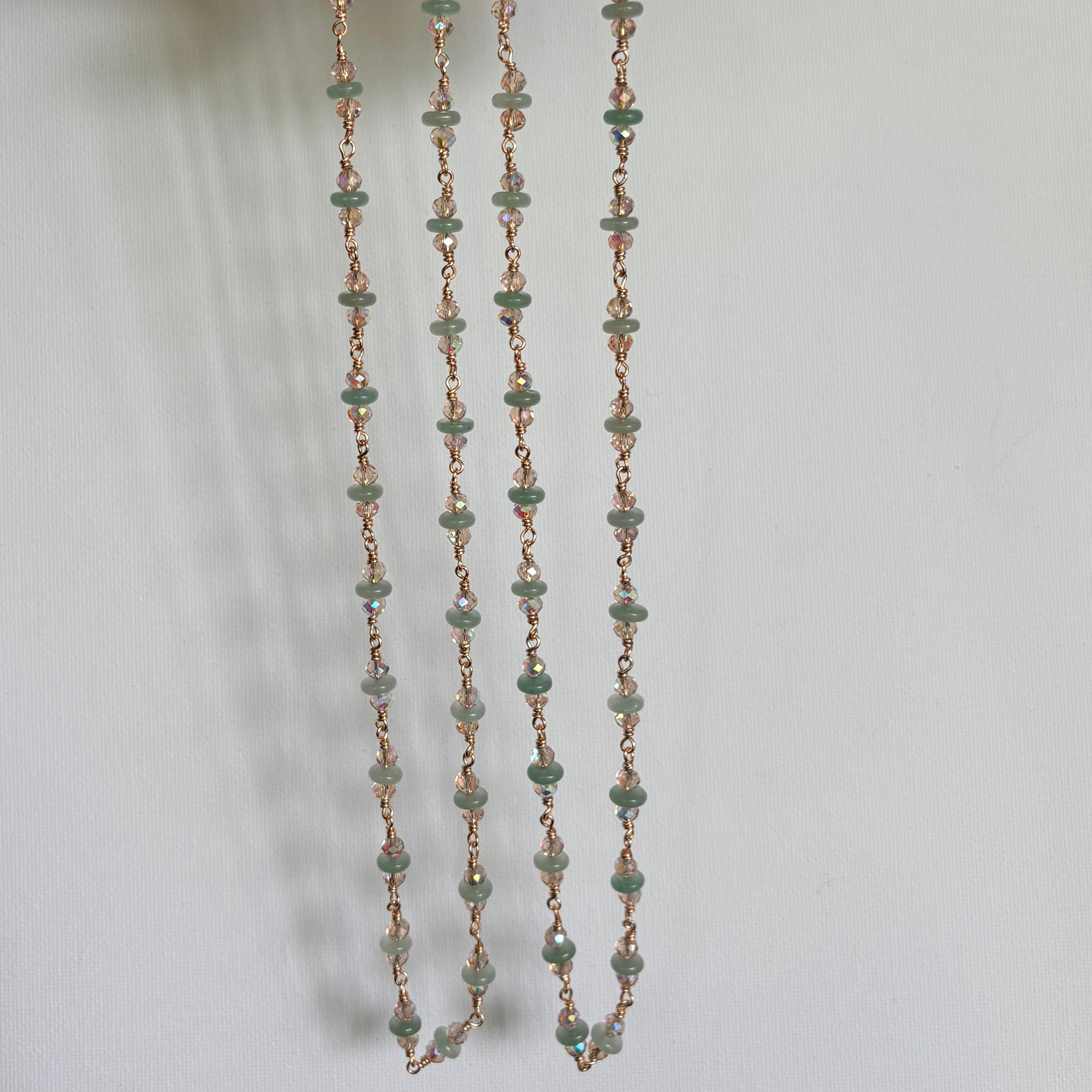 Green Aventurine & Crystal Necklace - Wire wrapped by hand, finished in gold
