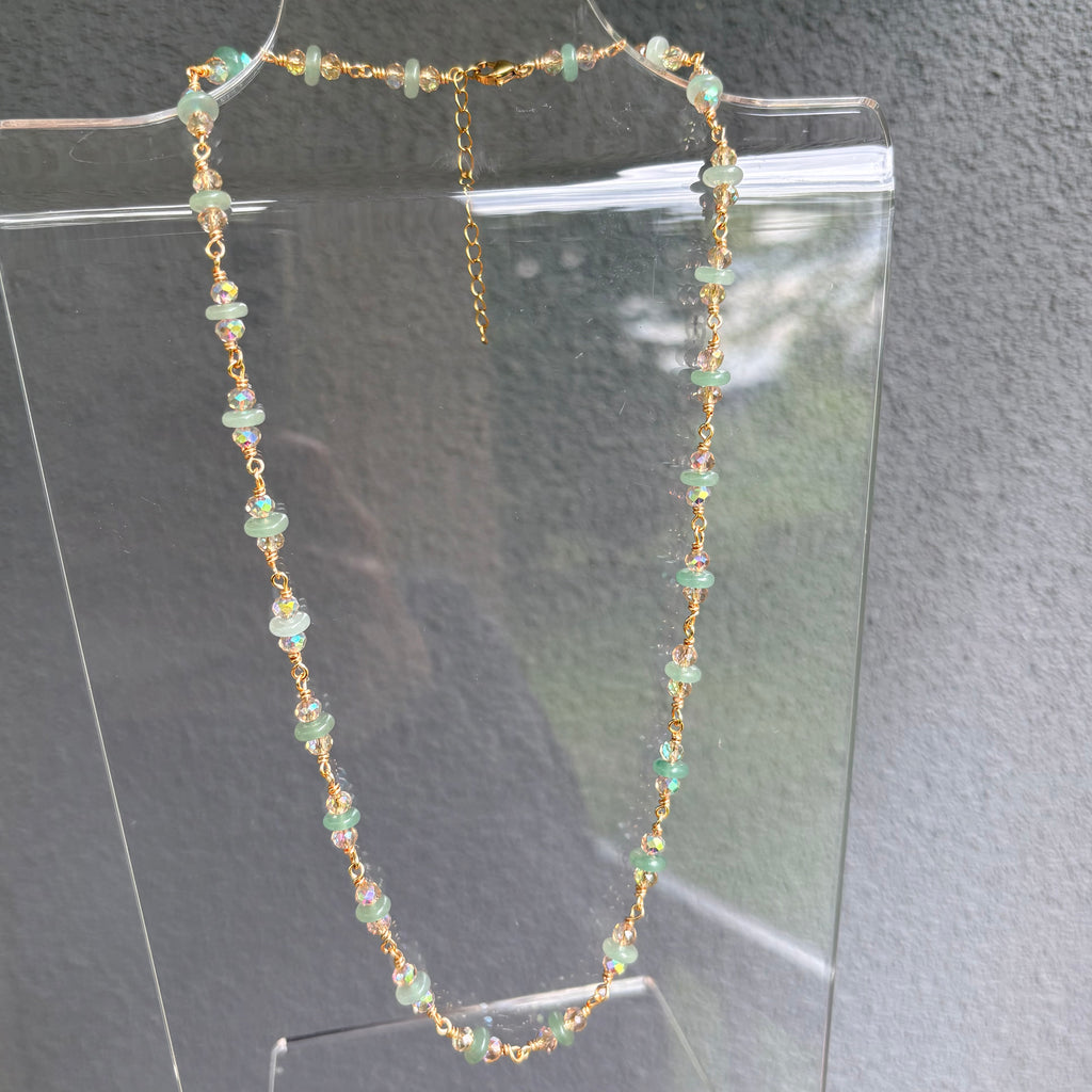 Green Aventurine & Crystal Necklace - Wire wrapped by hand, finished in gold