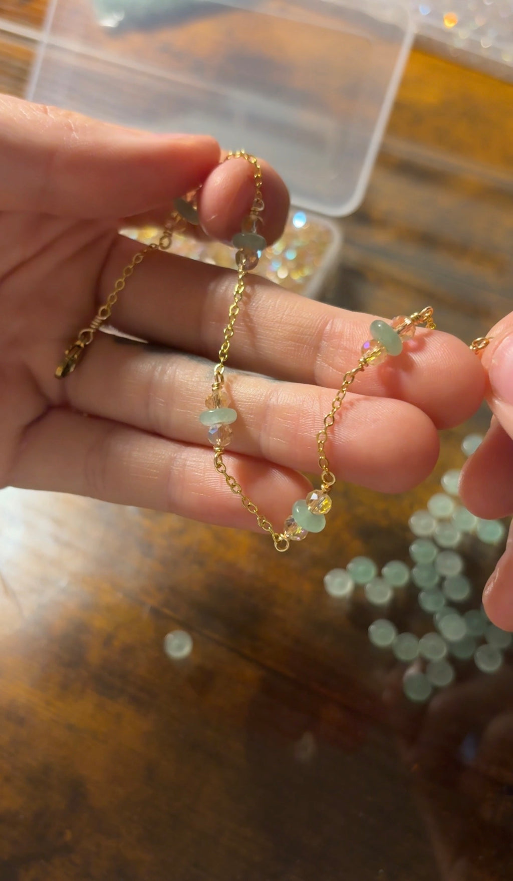 Green Aventurine & Crystal ~ Beautiful cable chain with hand wire-wrapped bead clusters