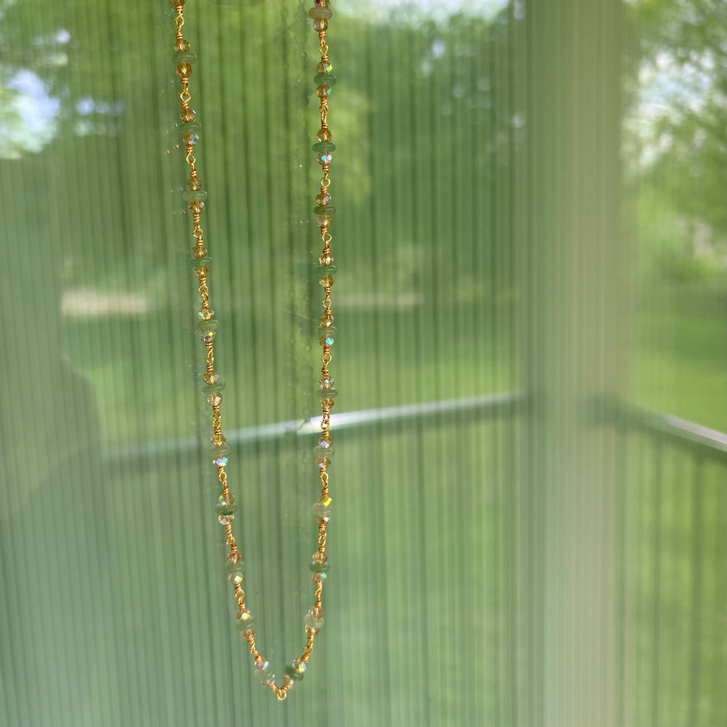 Green Aventurine & Crystal Necklace - Wire wrapped by hand, finished in gold